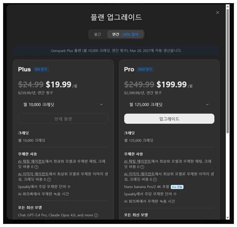 젠스파크 Plus 연간 월 19.99달러, Pro 연간 월 199.99달러, 월 1만·12만 5천 크레딧과 무제한 AI 채팅·이미지 항목이 비교된 플랜 업그레이드 화면