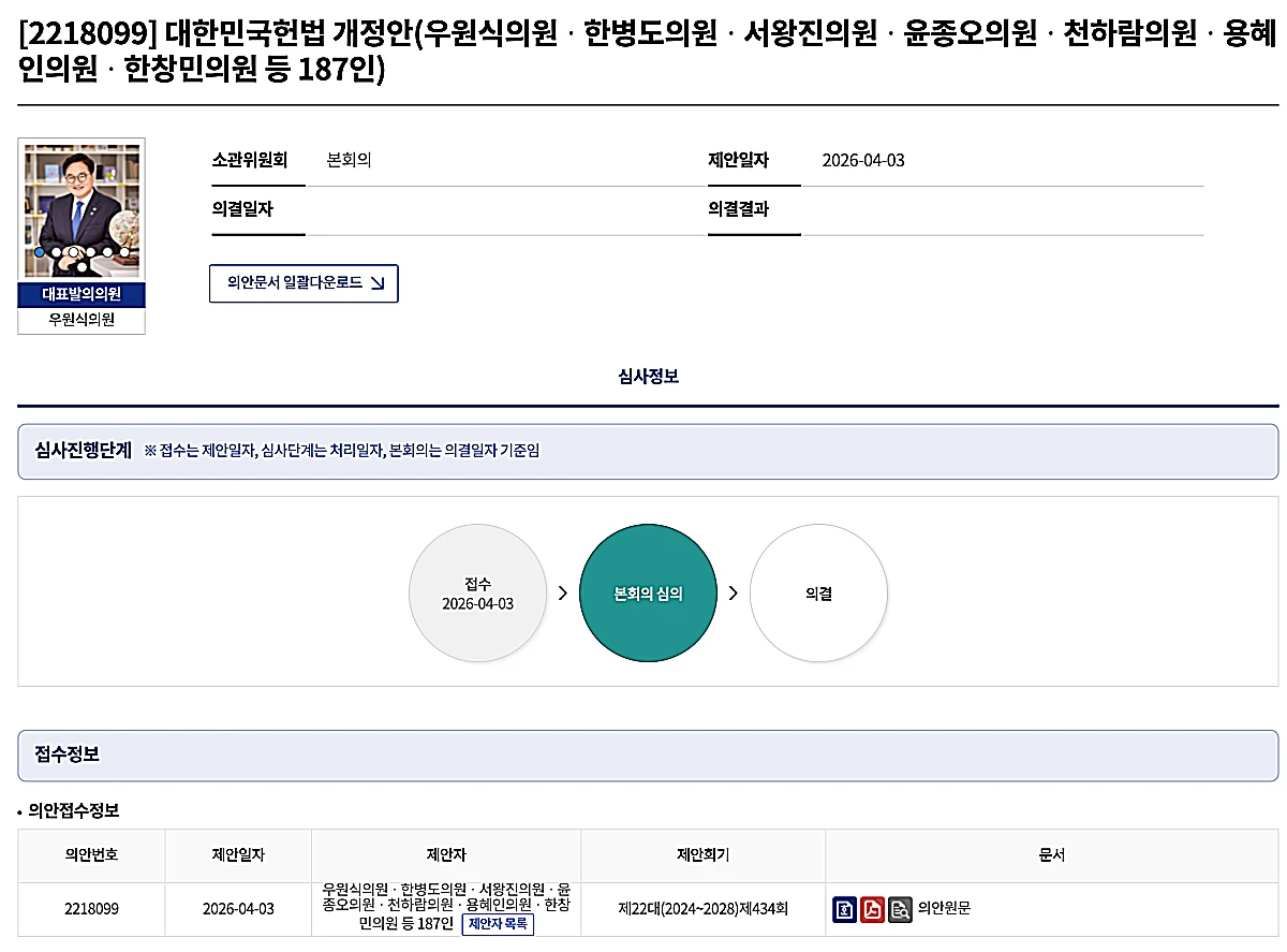 개헌 내용 총정리: 계엄 통제 강화부터 5·18 헌법 전문까지 4가지 핵심 1 대한민국헌법 개정안 (출처: 의원정보시스템)