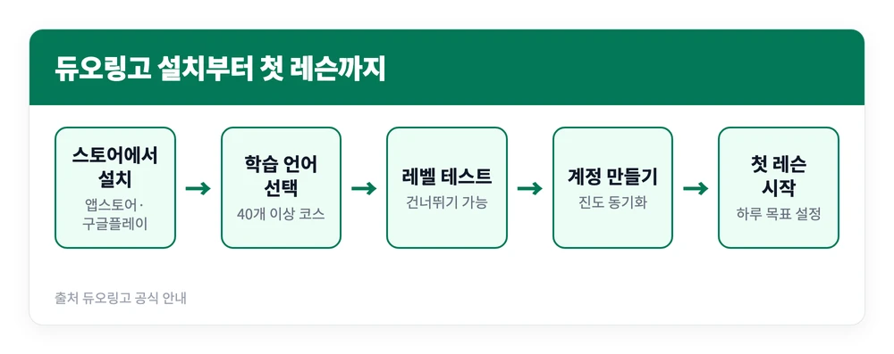 듀오링고 무료 다운로드 설치 방법, 맥스 슈퍼 패밀리 1년 가격과 기능 2 앱스토어나 구글플레이에서 듀오링고를 설치하고 학습 언어를 고른 뒤 계정을 만들어 첫 레슨을 시작하는 순서를 정리한 이미지